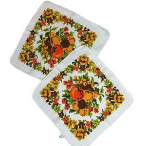 Vintage Retro MCM Kitchen Terry Dish Towel washcloth Fruit Floral set of 2